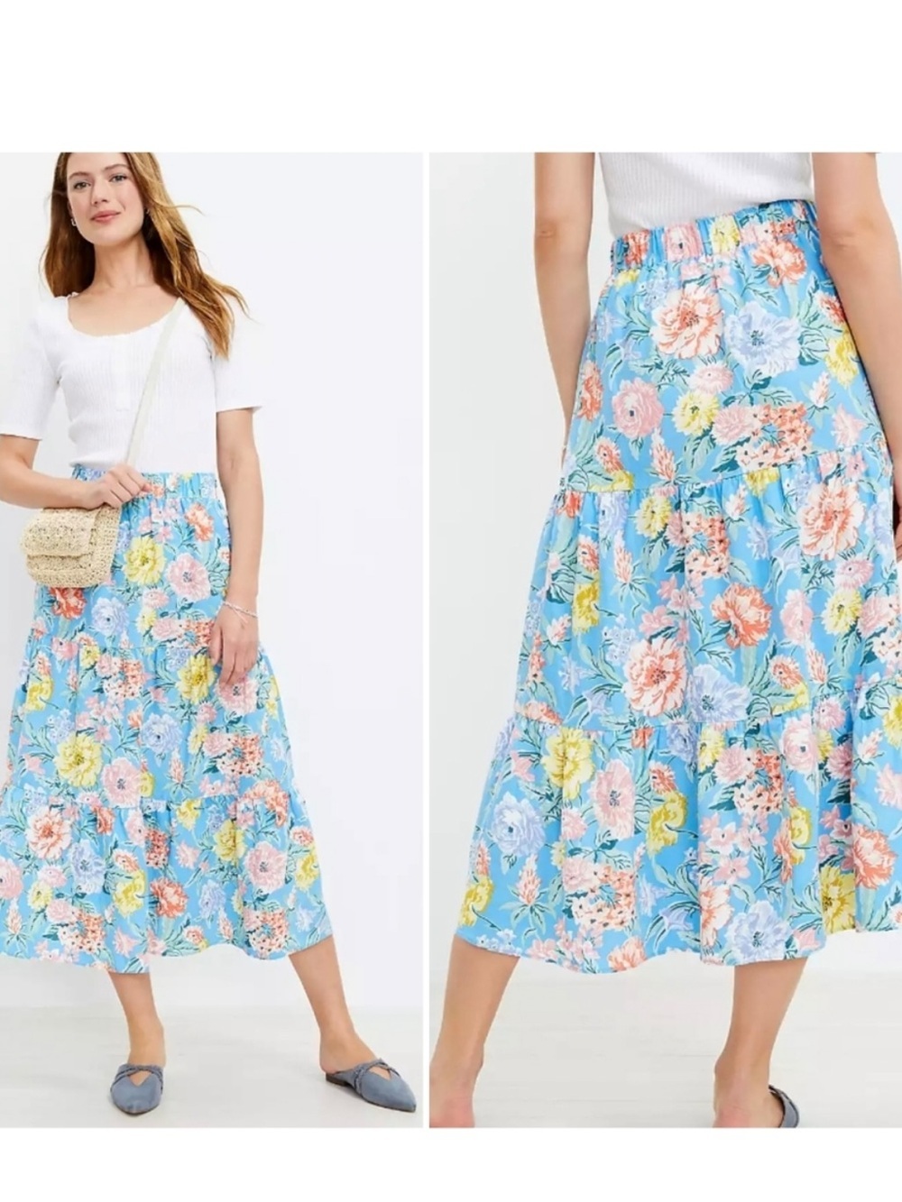 NWT LOFT Floral Linen Blend Tiered
Pull-on Midi Skirt Cottagecore Medium Petite